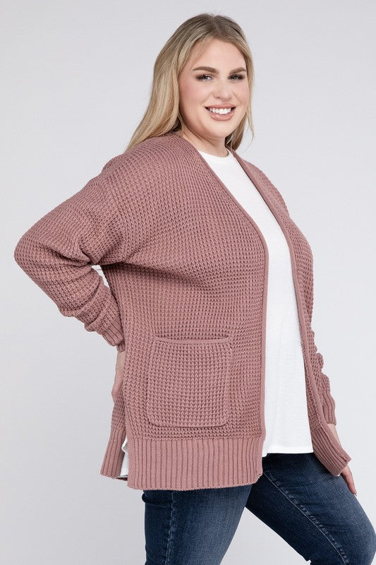 Zenana Plus Waffle-Knit Open Front Tunic Cardigan Sweater with Pockets in 4 Colors