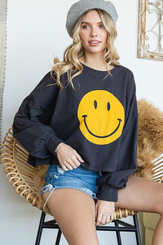 Jade by Jane Smiley Face Long Sleeve Cropped Graphic Tee in 4 Colors