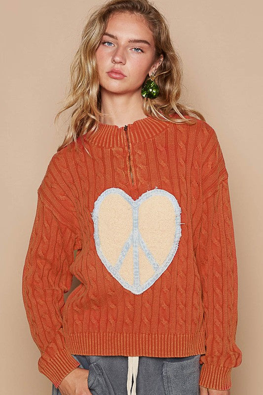 POL Heart Peace Patch Half Zip Cable-Knit Sweater in Orange-Red Multi NWT