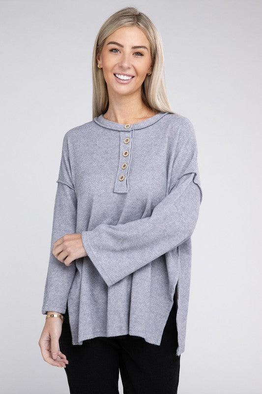 Zenana Slit Hem Bell Sleeve Ribbed Henley Sweater in 5 Colors