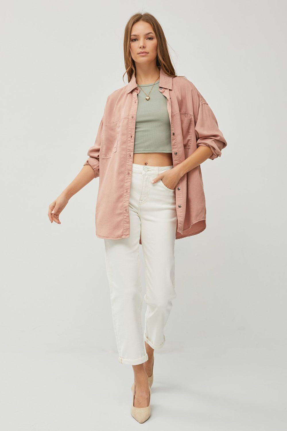 RISEN Button-Down Long Sleeve Denim Shirt in Mauve