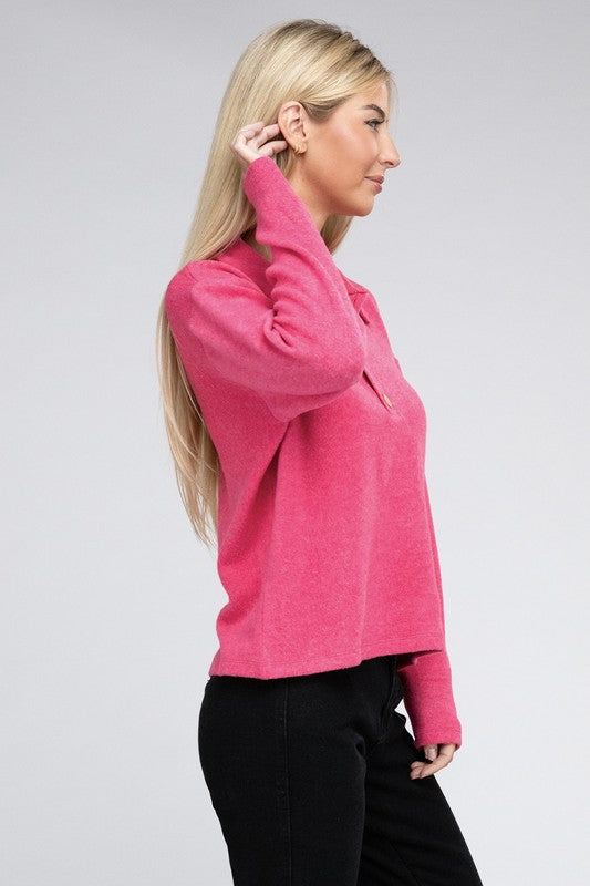 Zenana Brushed Melange Button Front Collared V-Neck Sweater in 5 Colors