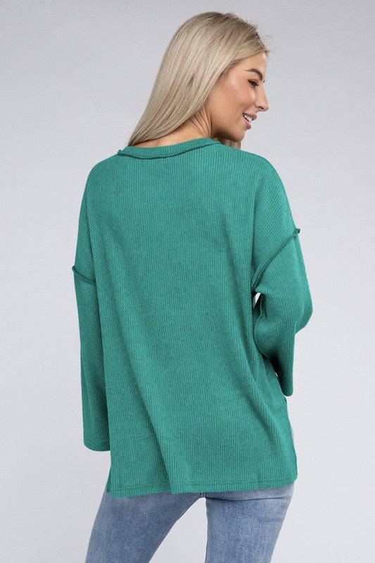 Zenana Slit Hem Bell Sleeve Ribbed Henley Sweater in 5 Colors