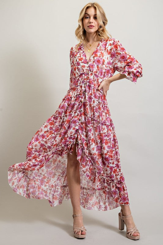 Sweet Generis Floral High Low Hem V-Neck Maxi Dress