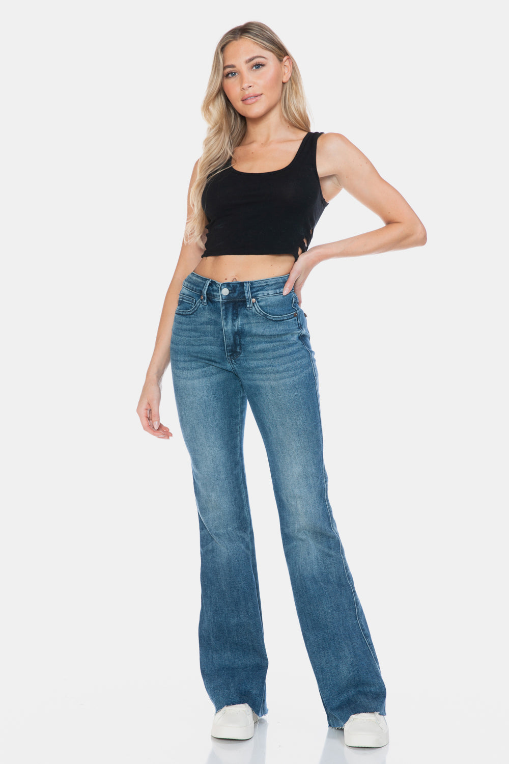 Judy Blue Full Size Tummy Control Raw Hem Flare Leg Jeans in Medium Wash Blue