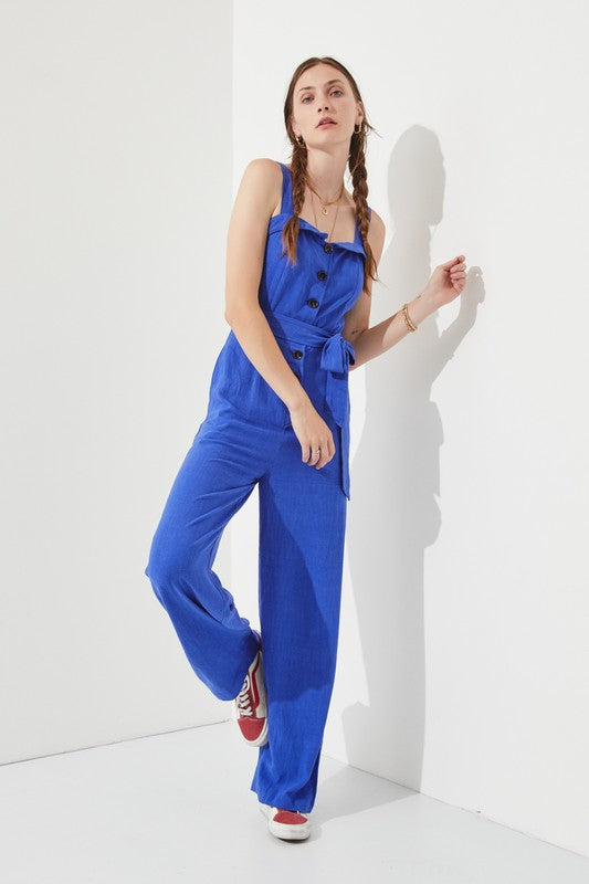 JADE BY JANE SLEEVELESS ADJUSTABLE STRAP BUTTON DOWN JUMPSUIT IN 2 COLORS