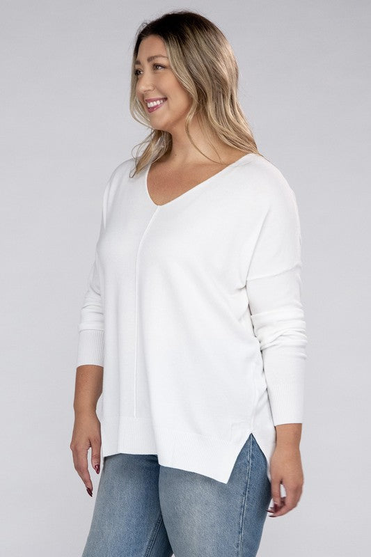 Zenana Plus Size Front Seam V-Neck Tunic Sweater