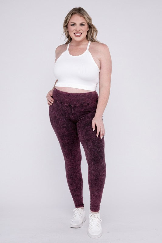 Zenana Plus Mineral Washed Wide Waistband Leggings / Yoga Pants in 3 Colors