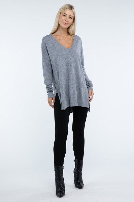 Zenana Front Seam Side Slit V-Neck Tunic Sweater in 5 Colors