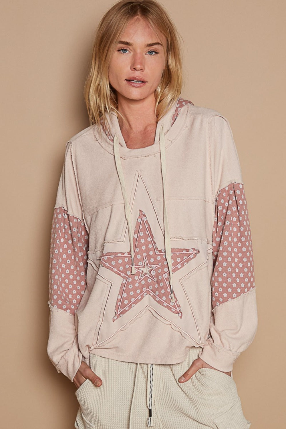 POL Star Patchwork Raw Edge French Terry Hoodie T-Shirt Top in Dusty Rose