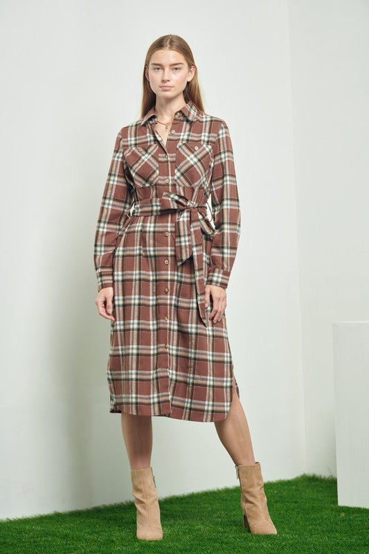 JADE BY JANE PLAID LONG SLEEVE BUTTON FRONT MIDI DRESS