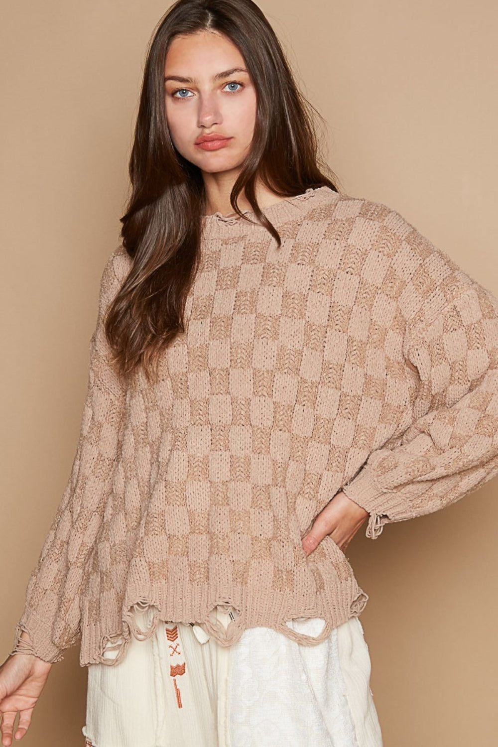 POL Checkered Distressed Long Sleeve Round Neck Sweater in Mocha Beige NWT