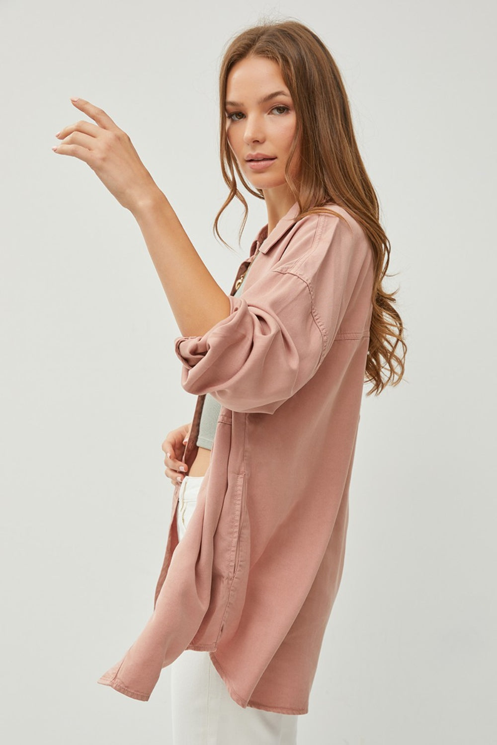 RISEN Button-Down Long Sleeve Denim Shirt in Mauve