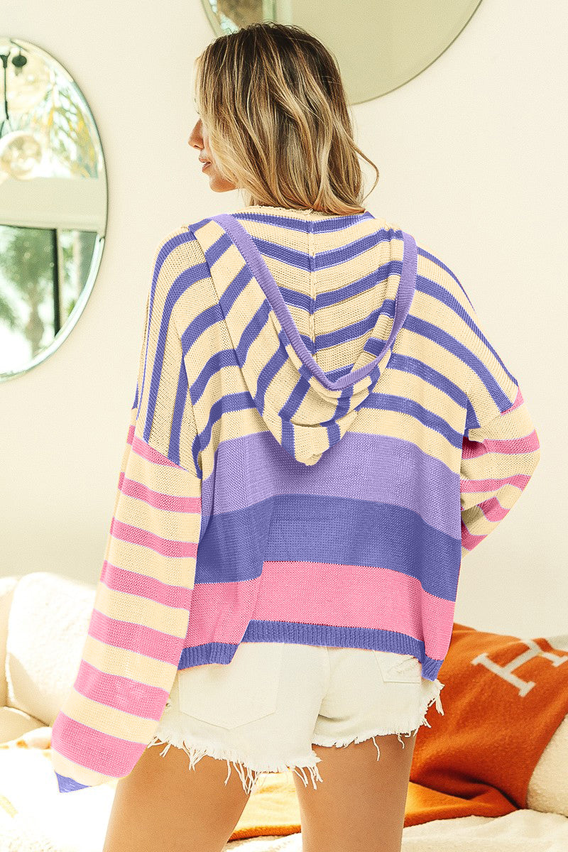 BiBi Striped Color Block Knit Hoodie V-Neck Top