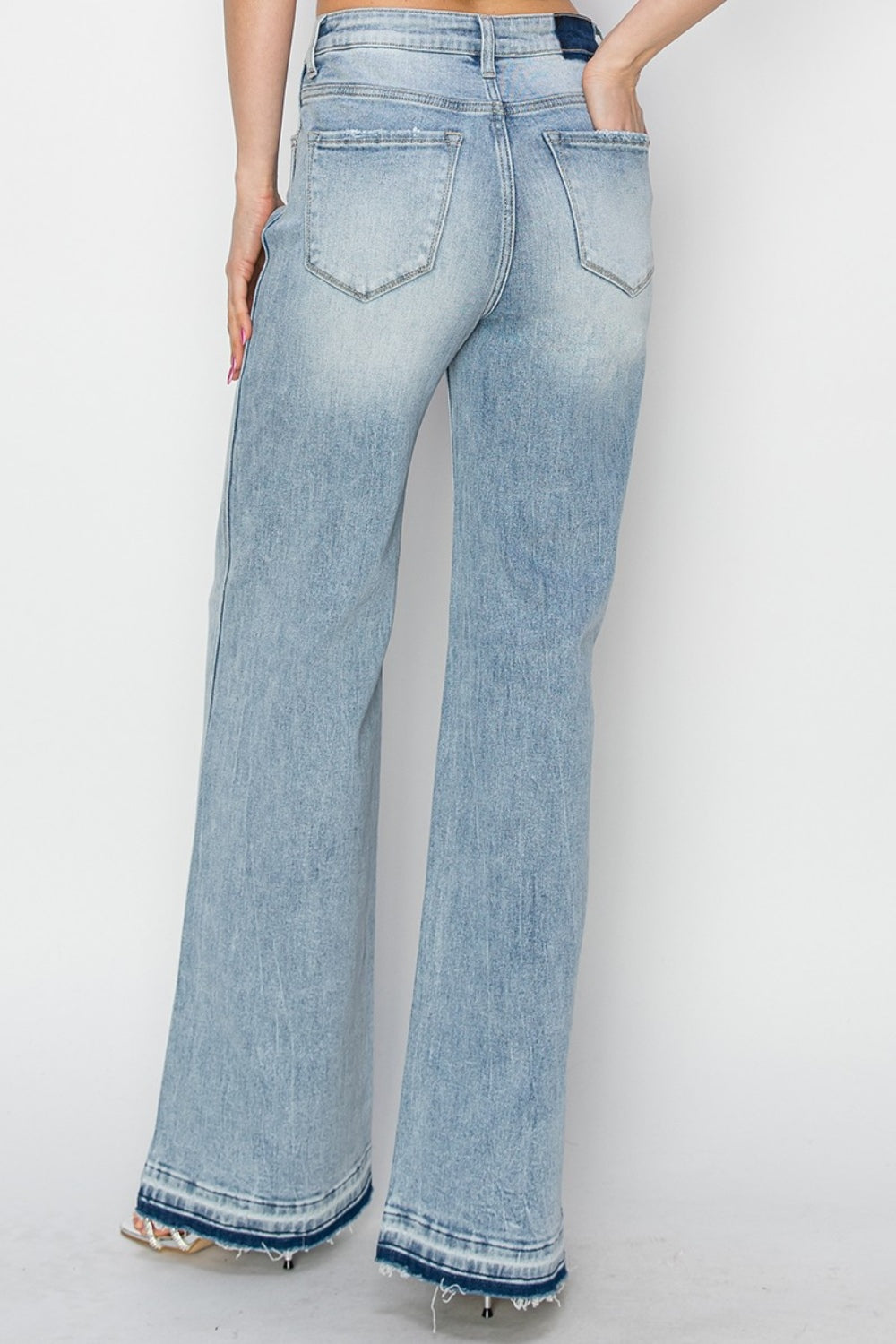 RISEN Full Size High Rise Raw Hem Wide Leg Jeans in Light Wash Blue