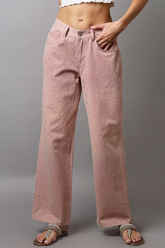 POL Rhinestone Front Color Gradient Wide Leg Pants in Dusty Pink NWT