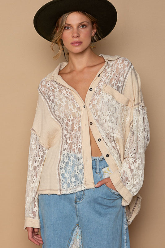 POL Oversized Cotton Lace Button-Down Shirt in Sand