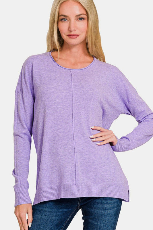 Zenana Front Seam Long Sleeve Round Neck Sweater in Heather Lavender NWT