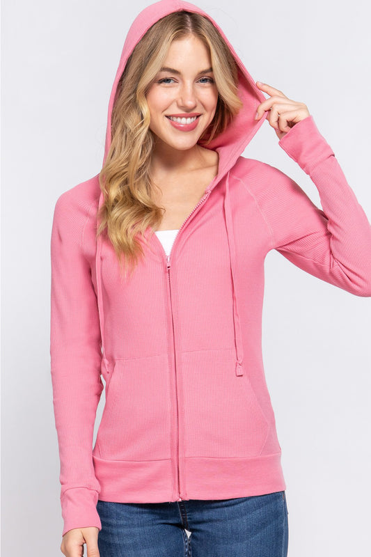 Zenana Waffle Knit Drawstring Zip Hoodie in Deep Pink