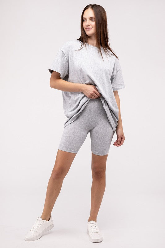 Zenana Cotton Short Sleeve Tee & Biker Shorts Set