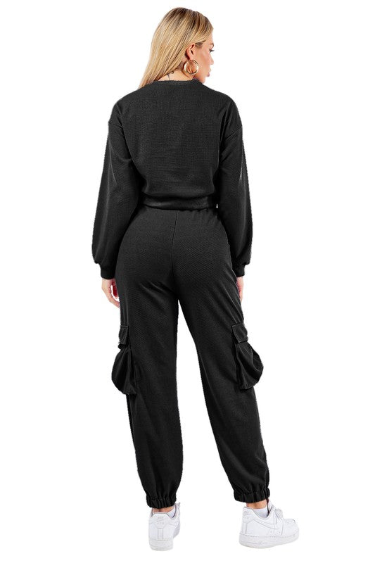 BY CLAUDE TWO PIECE LONG SLEEVE CROP TOP AND CARGO PANTS SWEATSUIT