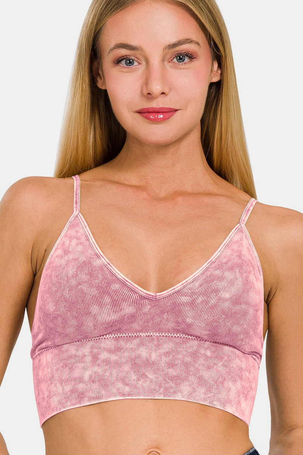 Zenana Mineral Washed Ribbed Padded Brami / V-Neck Cami Tank in Ash Pink