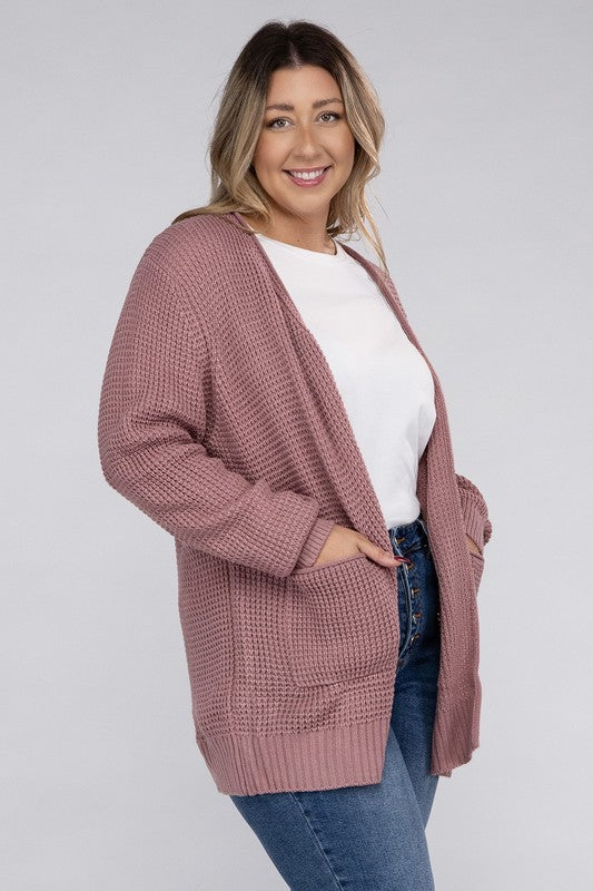 Zenana Plus Waffle-Knit Open Front Tunic Cardigan Sweater with Pockets in 5 Colors