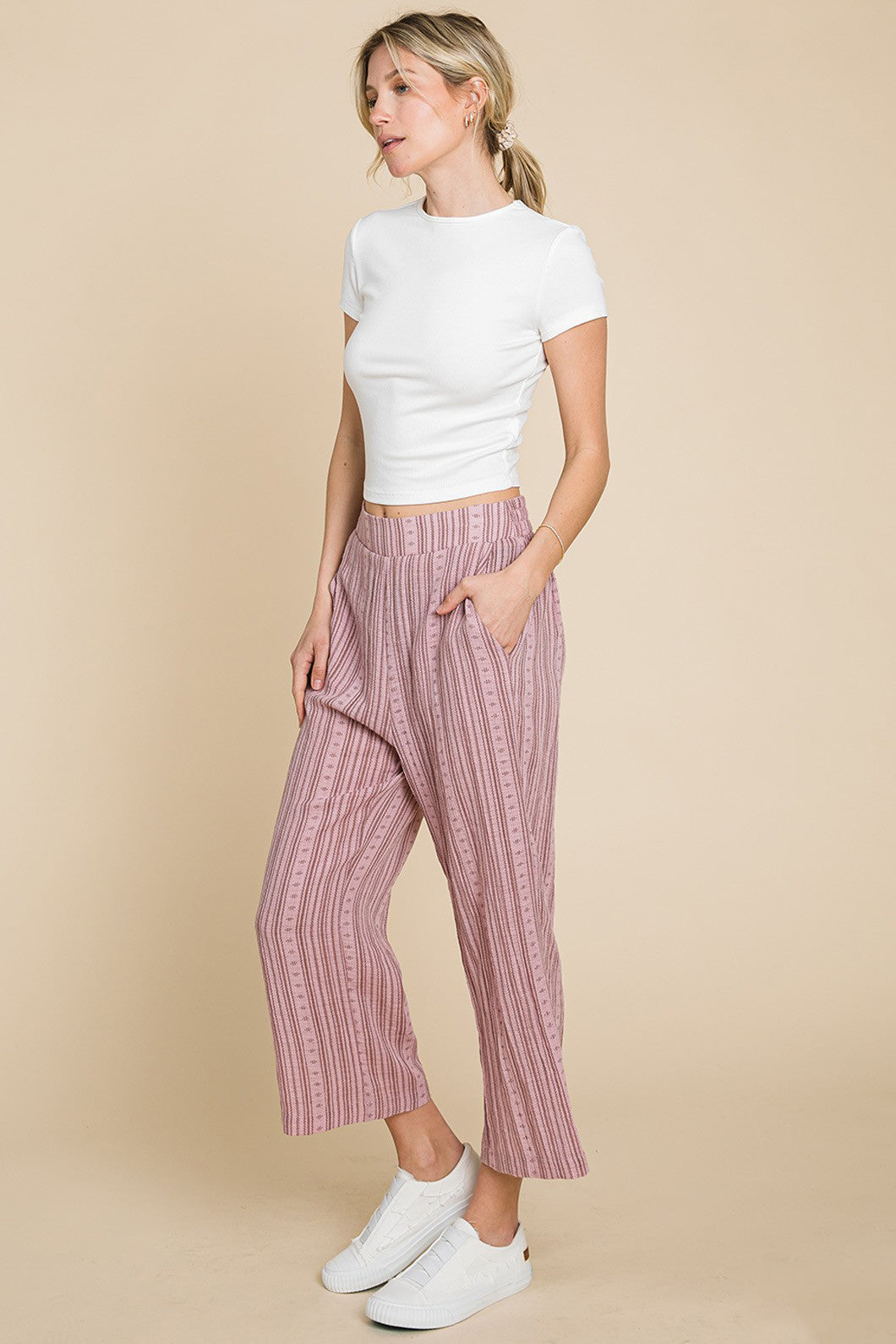 Cotton Bleu Striped Pull-On Cotton Wide Leg Capri Pants