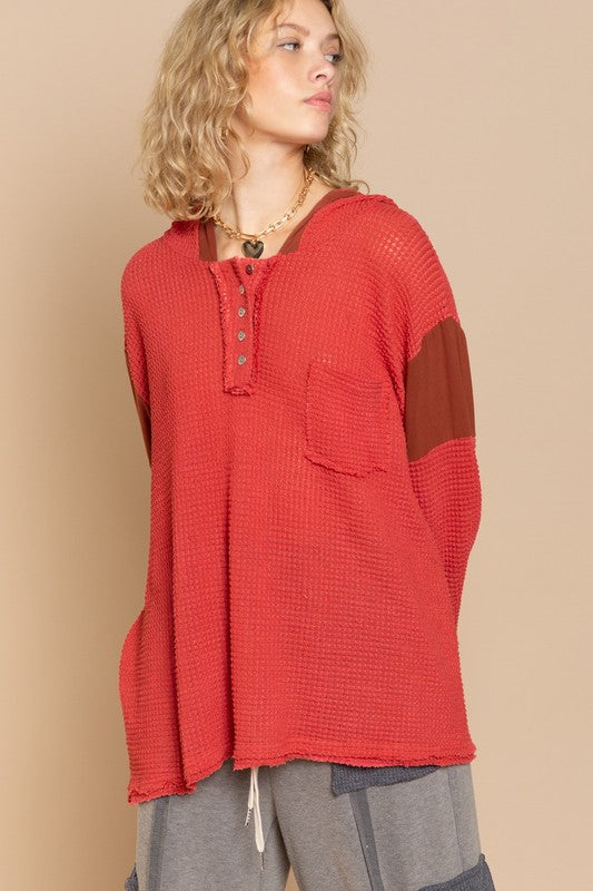 POL Oversized Hoodie Bell Sleeve Waffle-Knit Henley Tunic Top in Red or Black