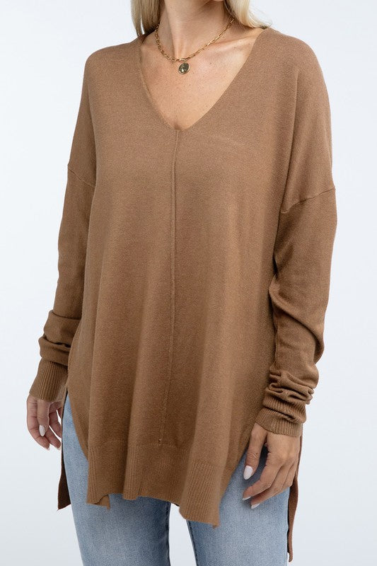 Zenana Front Seam Side Slit V-Neck Tunic Sweater in 5 Colors