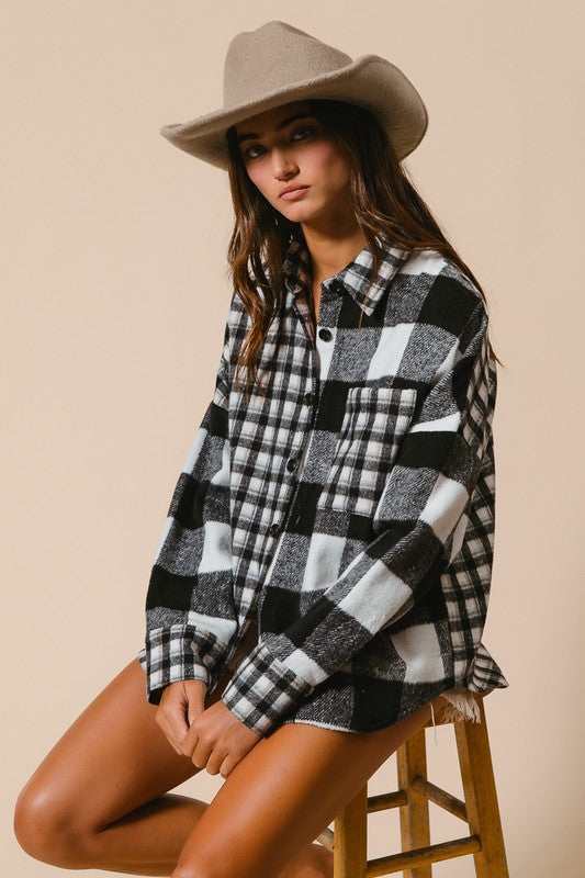 BiBi Plaid Fleece Long Sleeve Button-Down Shirt in Black-White NWT