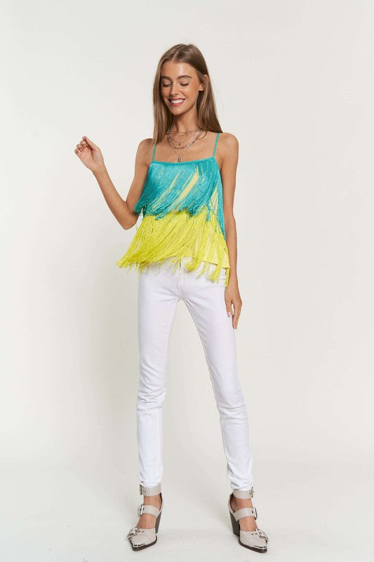 Davi & Dani Fringe Overlay Cross Straps Party Cami Top