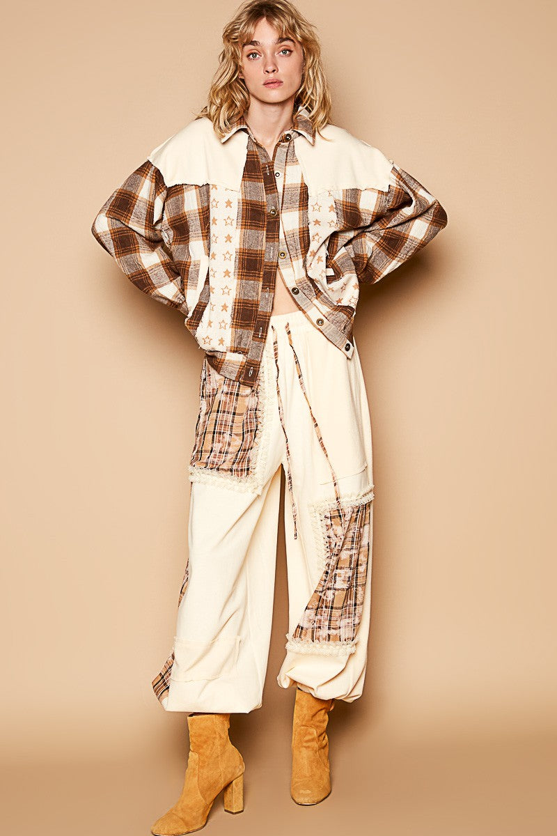 POL Plaid & Star Patchwork Color Block Long Sleeve Shirt Jacket in Brown/Beige Multi