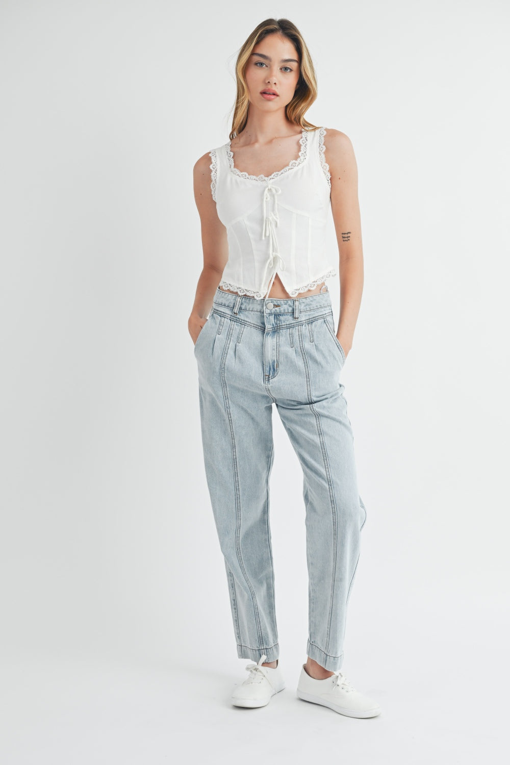 MABLE Pleated Front Straight Ankle Jeans