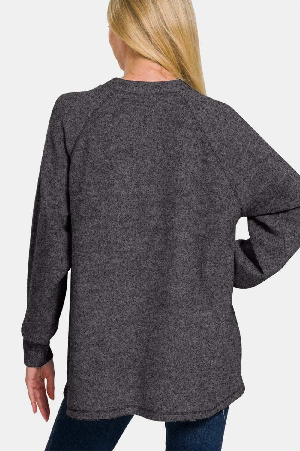 Zenana Brushed Melange Curved Hem Henley Sweater in Black Marl NWT