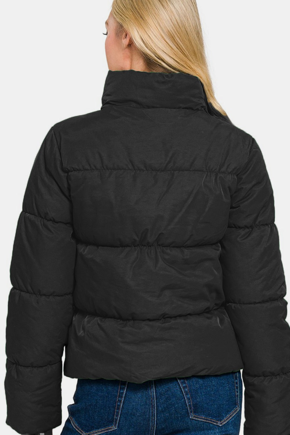 Zenana Stand Collar Zipper Front Quilted Puffer Jacket with Pockets in Black NWT