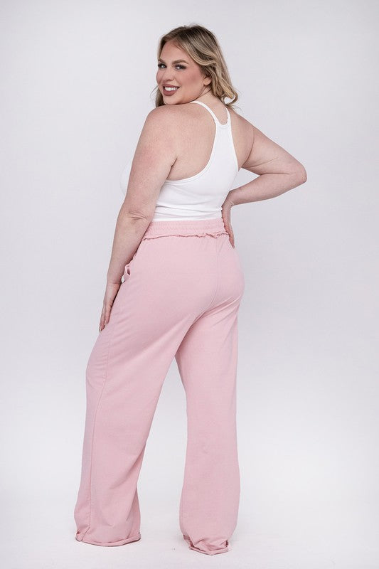 Zenana Plus French Terry Raw Hem Wide Leg Sweatpants in Ash Blue or Dusty Pink