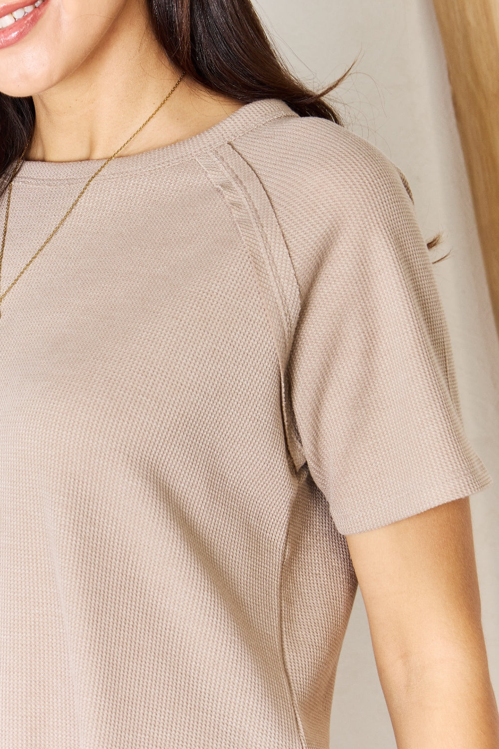 Zenana Waffle-Knit Split Hem Tunic T-Shirt in Light Mocha