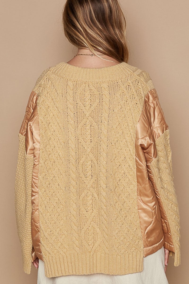 POL Quilting Patchwork Button Up Cable Knit V-Neck Jacket in Camel Multi