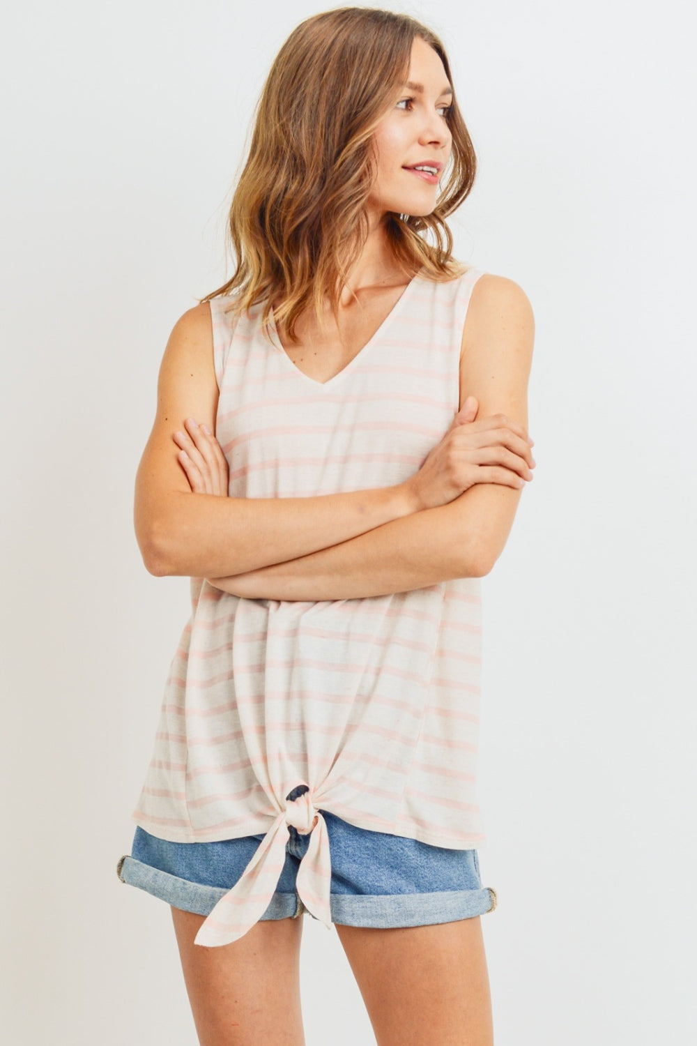 Cotton Bleu Striped Tie Hem V-Neck Tank Top