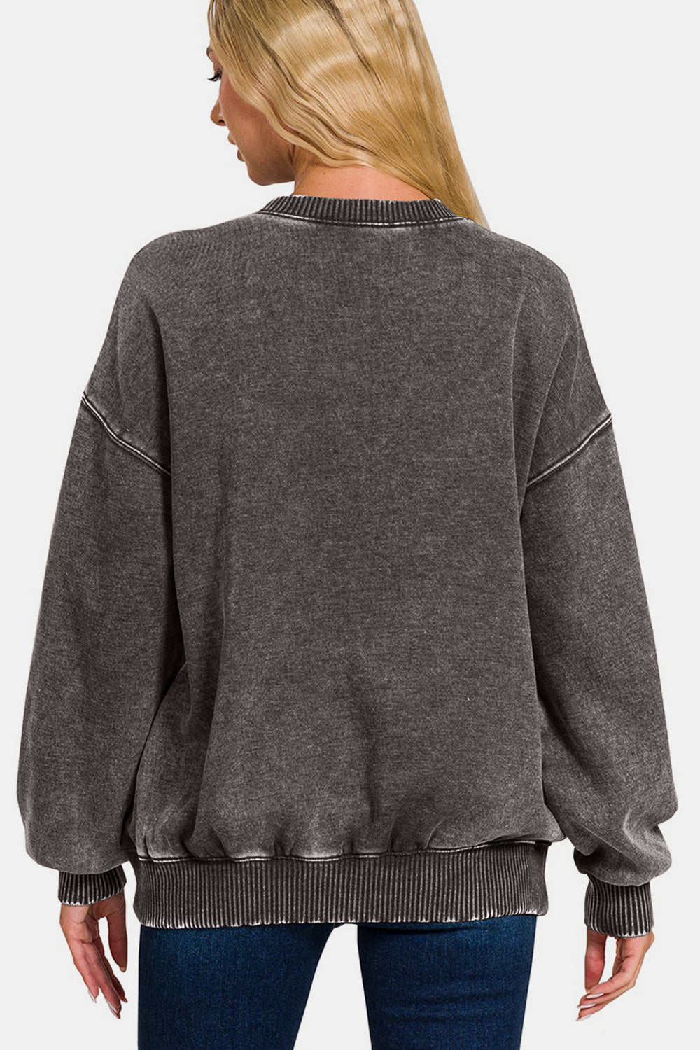 Zenana Sizes Small to 3X Acid Wash Fleece Long Sleeve Sweatshirt in Ash Black