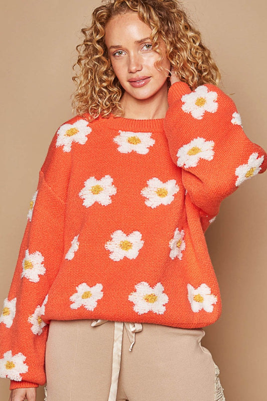 POL Daisy Pattern Drop Shoulder Round Neck Sweater in Sun Orange Multi NWT