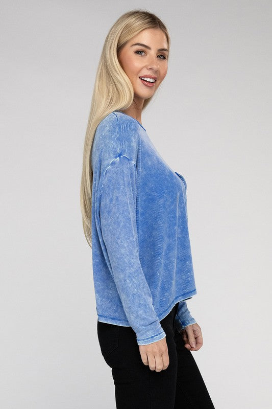 Zenana Color Washed Chest Pocket Long Sleeve T-Shirt in 3 Colors