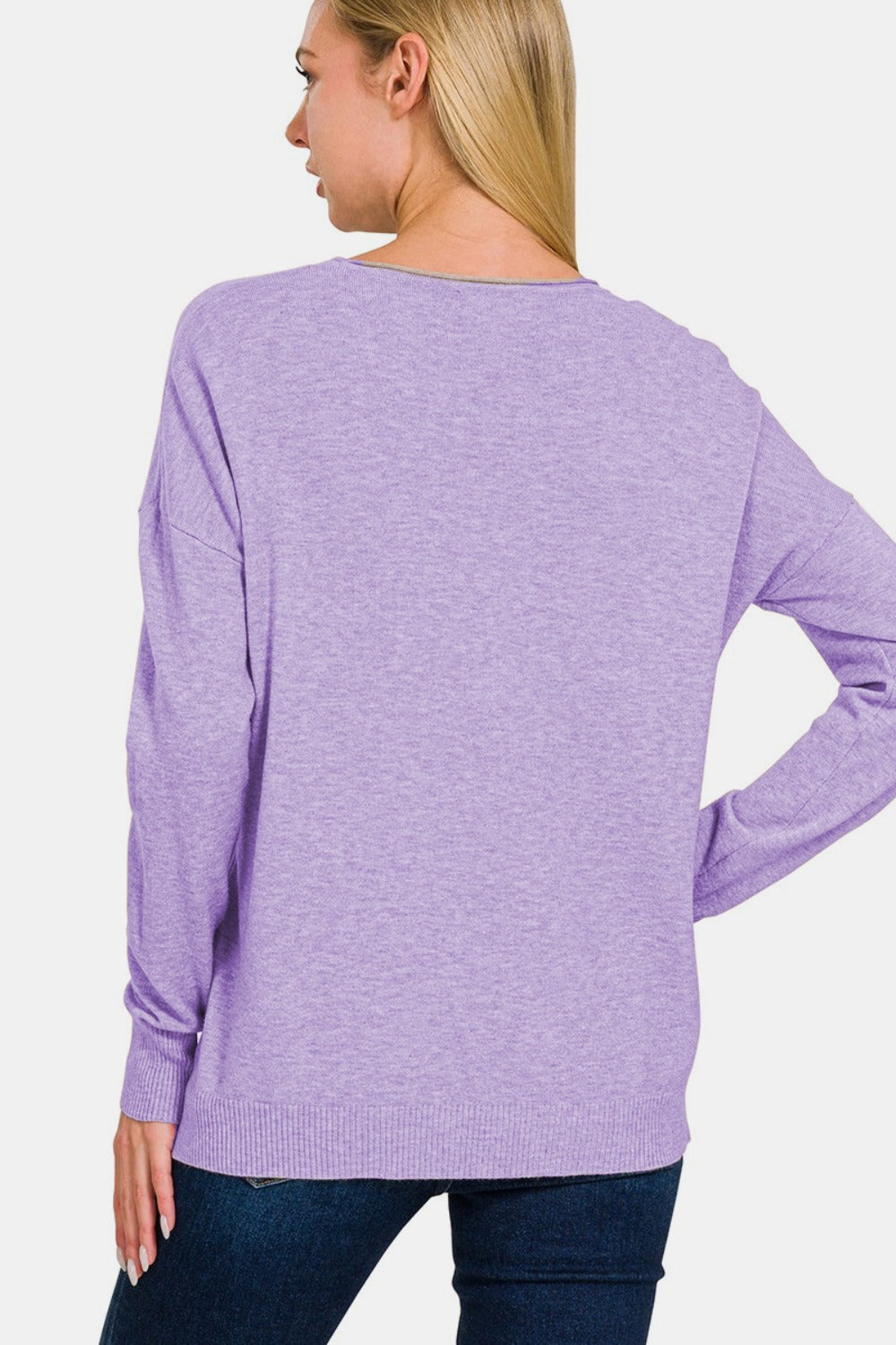 Zenana Front Seam Long Sleeve Round Neck Sweater in Heather Lavender NWT