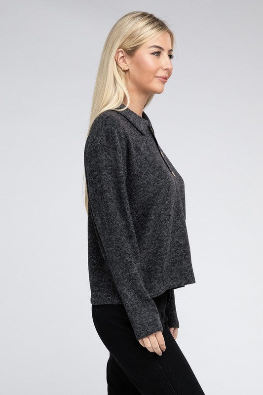 Zenana Brushed Melange Button Front Collared V-Neck Sweater in 5 Colors