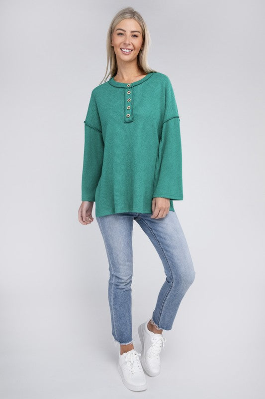 Zenana Slit Hem Bell Sleeve Ribbed Henley Sweater in 5 Colors