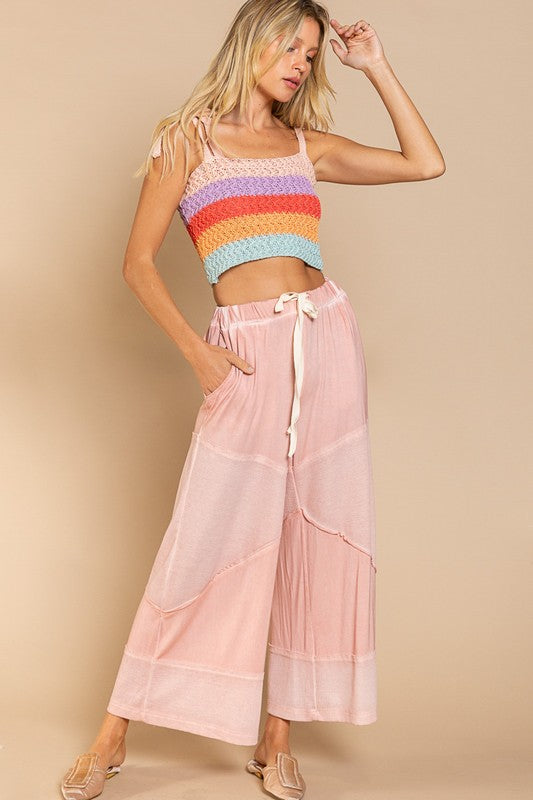 POL Tie-Shoulder Cropped Knit Cami Tank Top in Rainbow Sherbert