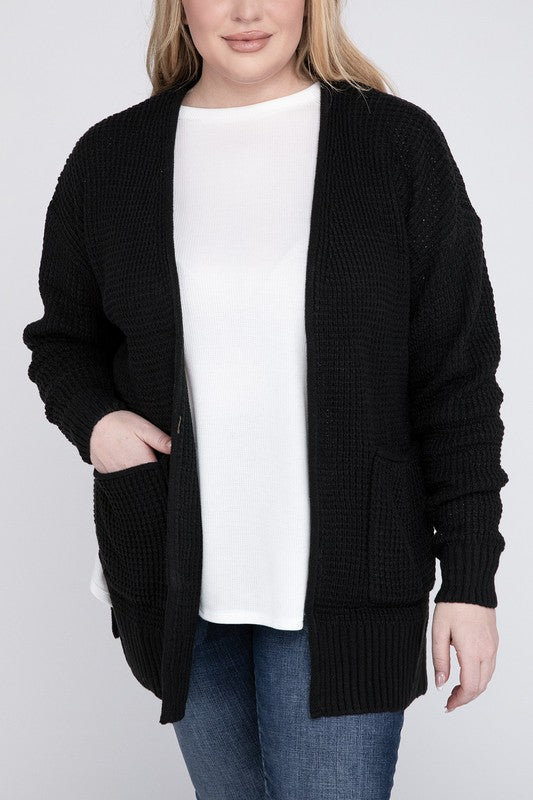 Zenana Plus Waffle-Knit Open Front Tunic Cardigan Sweater with Pockets in 4 Colors