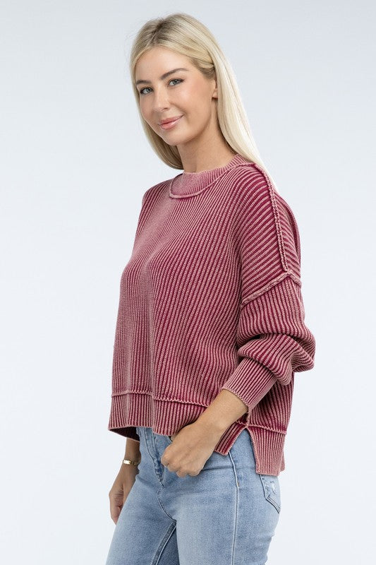 Zenana S/M L/XL Color Washed High-Low Hem Ribbed Cotton Sweater in 4 Colors