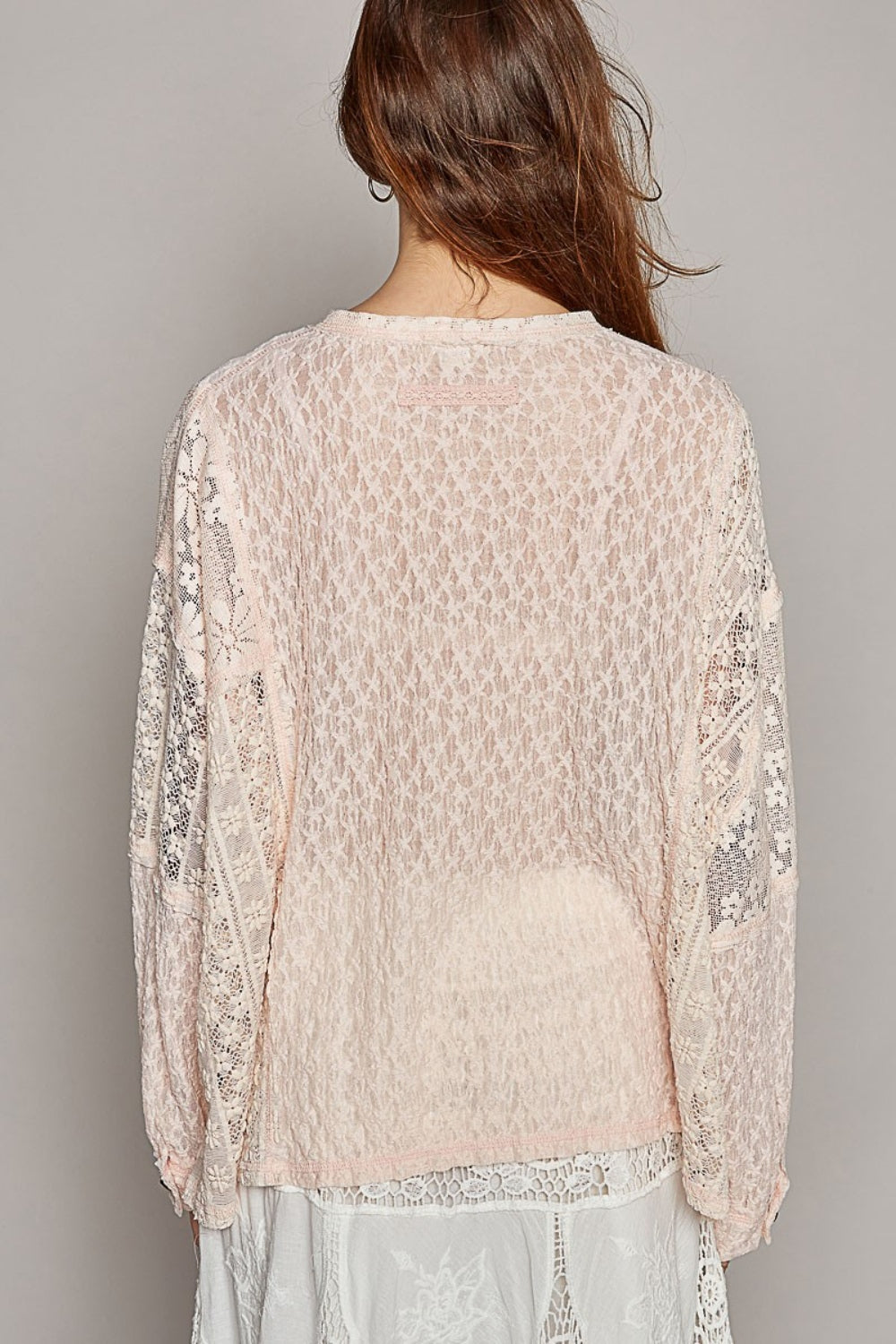 POL Lace Raw Edge Long Sleeve Henley Top